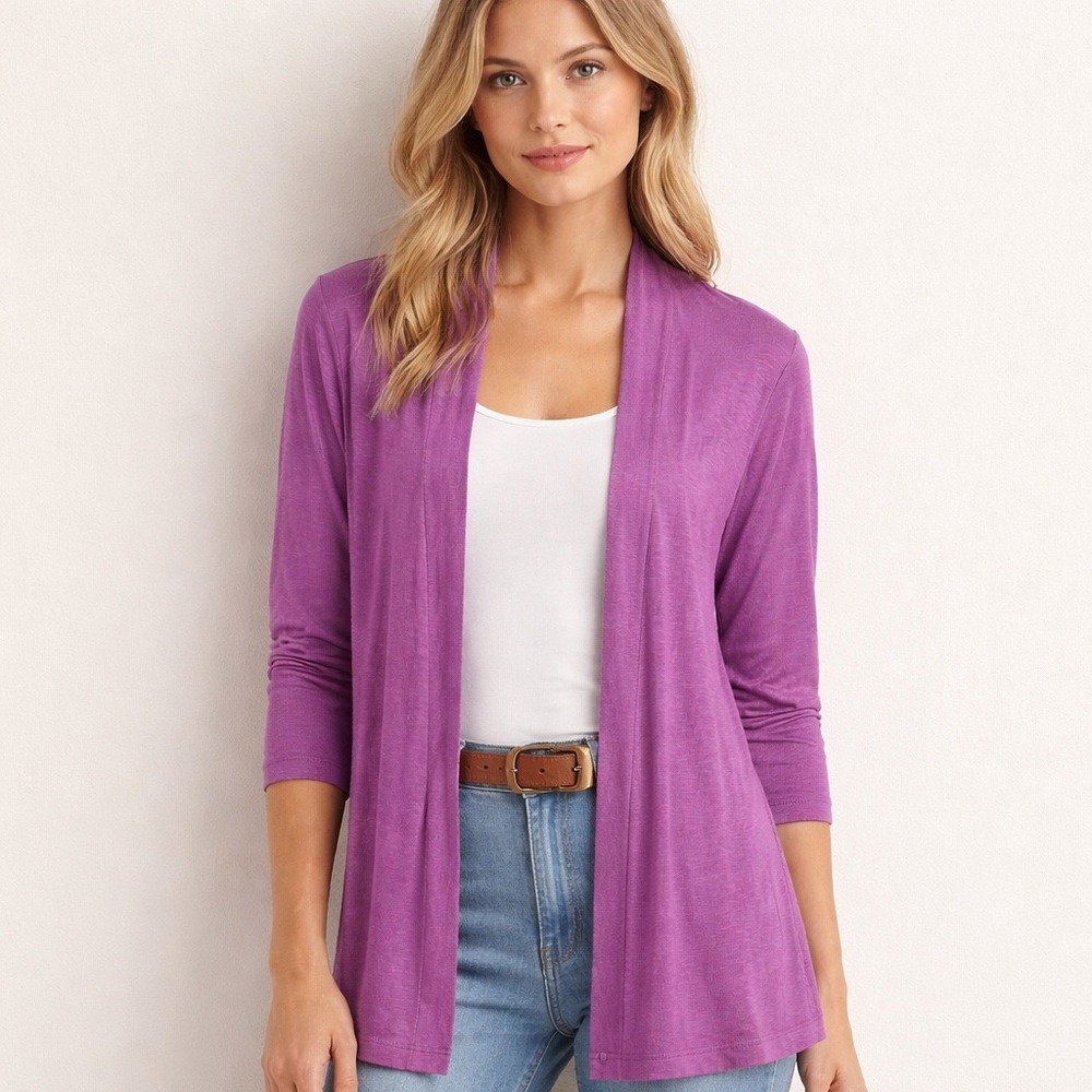 Michael Stars Cardigan Womens OS Purple Slub Knit Open Front 3/4 Sleeve Spring